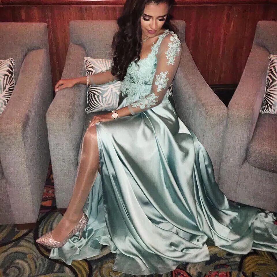 A Line Elegant Lace Evening Dresses Illusion Long Sleeve Silk Satin Party Gowns Split Prom Dress Homecoming Dress Appliques Sheer Neck