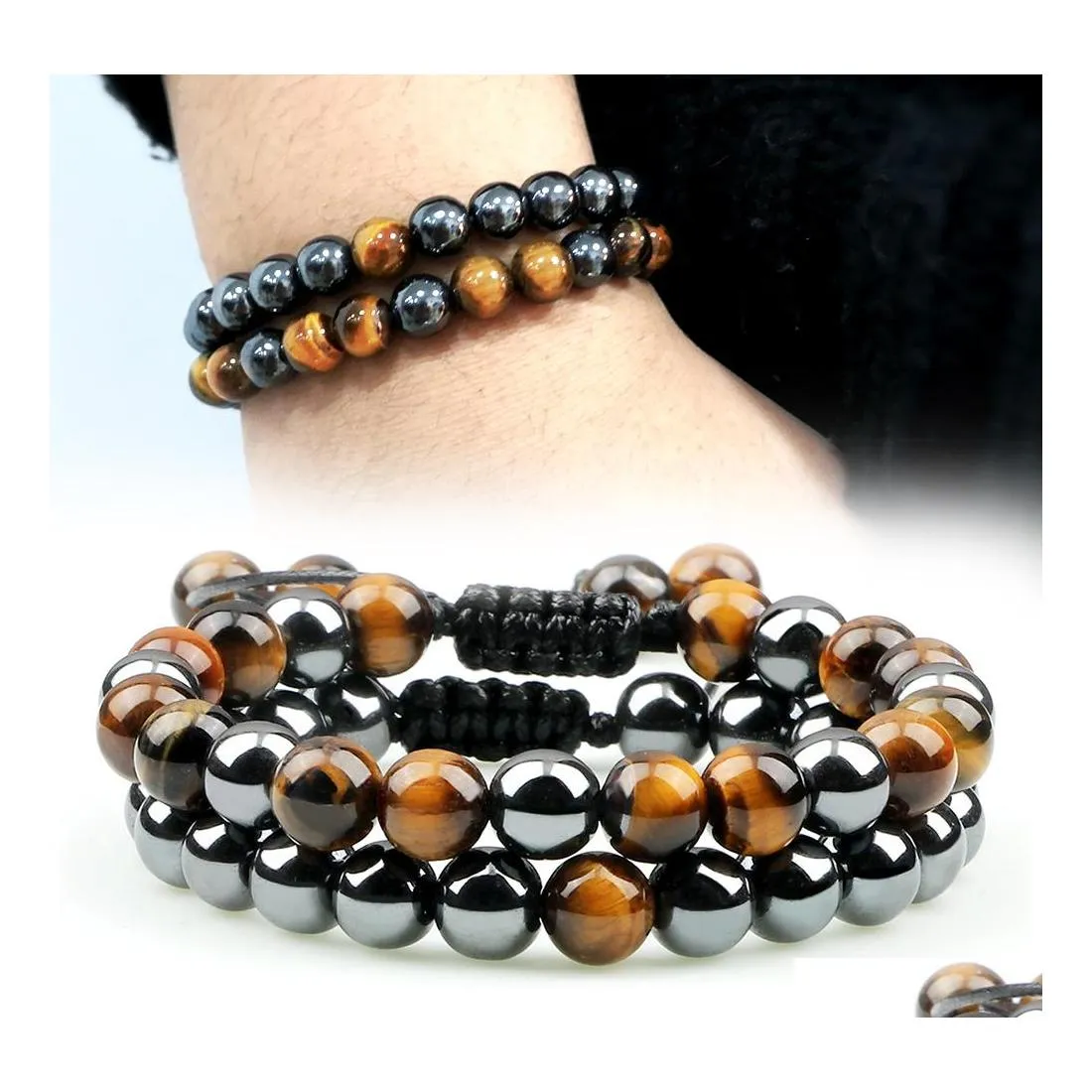 Bracelets de charme Hematite Tiger Eye Mindedas feitas ￠ m￣o Ajuste dos homens de prote￧￣o Sa￺de Pedras de energia Bulbalhas a dist￢ncia J￳ias Dro dhzmq