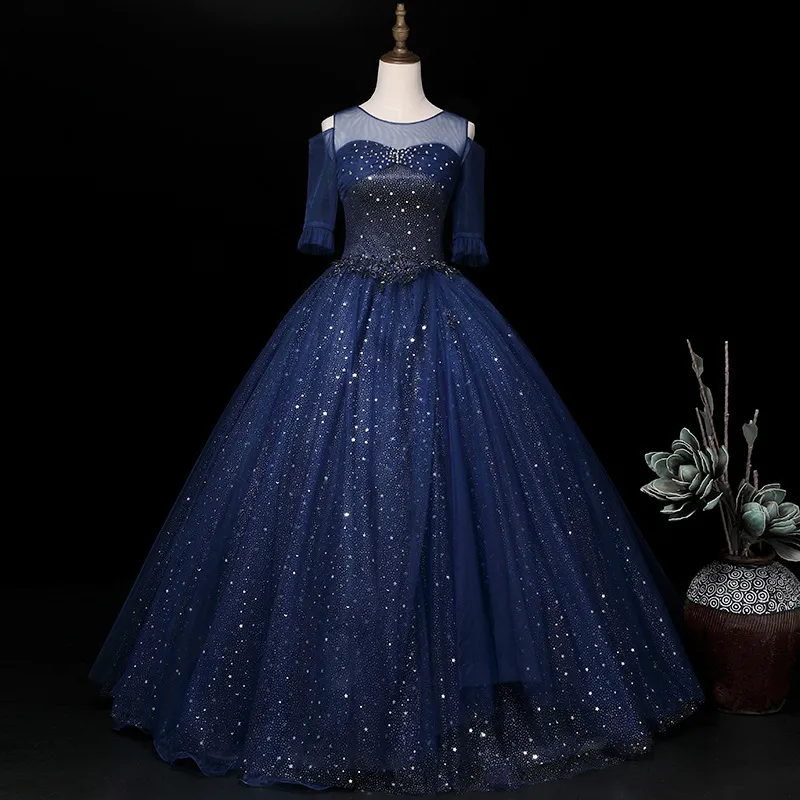 Abiti da festa Blu scuro Quinceanera 2023 Illusion Oneck Mezza manica Robe De Bal Classico elegante Bling brillante Abito da ballo taglie forti 230221