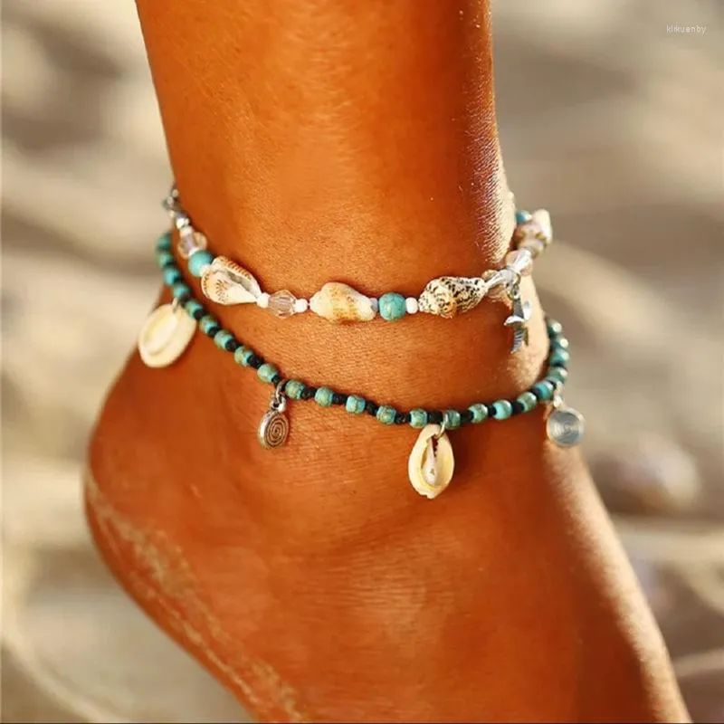 Bracelets de cheville bijoux européens et américains pendentif coquillage bohème tout-assorti petite conque multicouche tissé bracelet de cheville