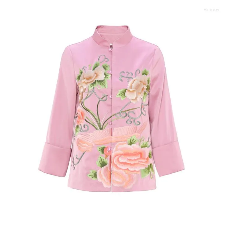 Jackets femininos Marca de alta qualidade Chinês Coat 2023 Spring Autumn Women Women Bordado luxuoso de manga longa vintage bege rosa