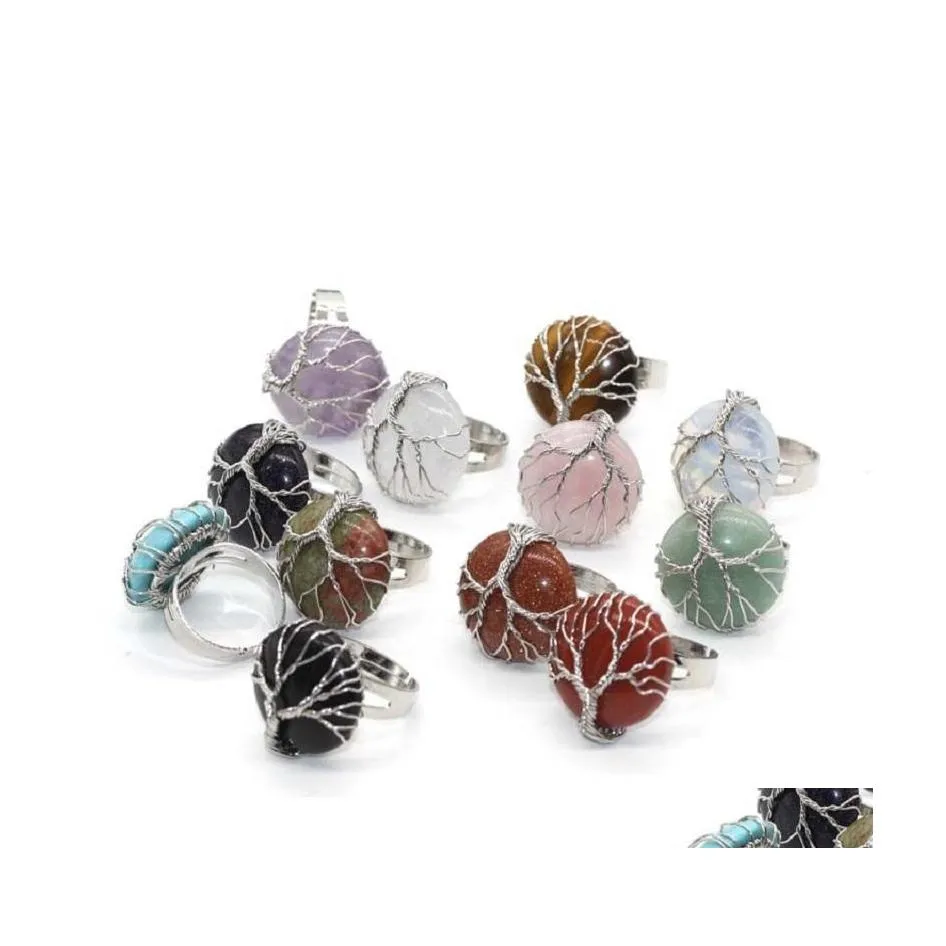 Anello solitario Wire Wrap Pietra naturale Albero della vita Anelli Lapislazi Ametiste Occhio di tigre Opale Cristallo rosa Per gioielli da donna Drop Del Dhxfy