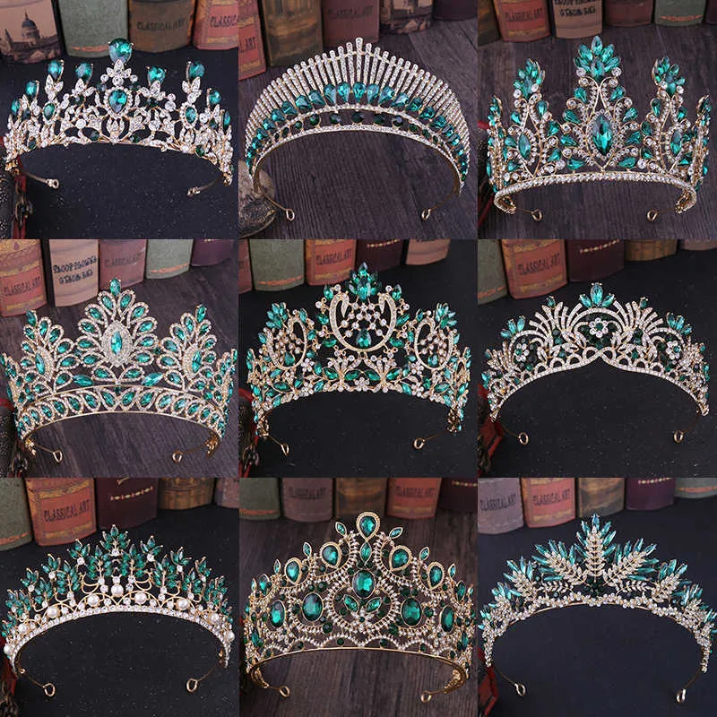 Tiaras Green Crystal Rhinestone Bridal Tiaras och Crowns for Women Barock Vintage Wedding Half Diadems Hair Accessories Head Jewelry Z0220