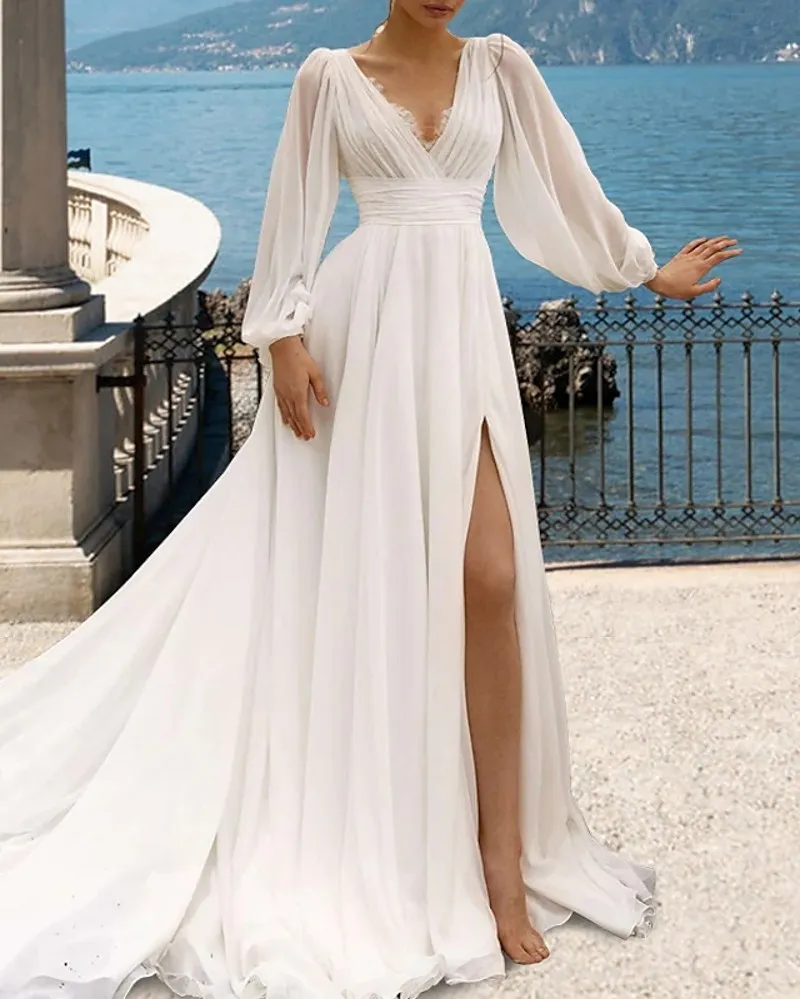 Beach Sexy Wedding Dress Vestido De Noiva Long Sleeve V Neck Chiffon Lace Pleats Split Women Bridal Party Gown Robe De Mariage 2023