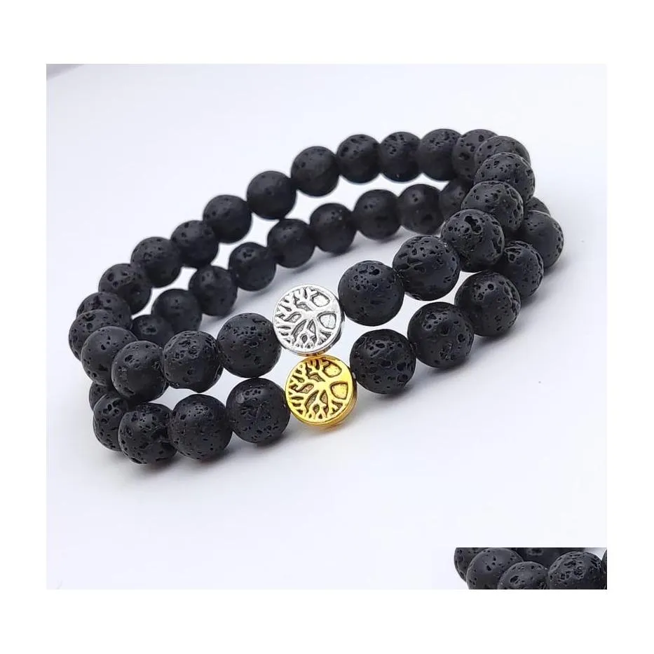 Bracelets de charme Tree of Life Charms 8mm Black Lava Stone Bracelet perlé Diffuseur d'huile essentielle Cordes à main pour femmes hommes Drop Deli Dhtcy