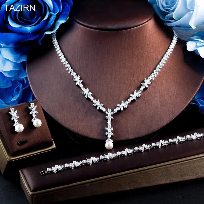 Halsband örhängen set tazirn 3st mode pärlor kubiska zirkoniumbröllop smycken för kvinnor cz armband och sätter brudgåvor