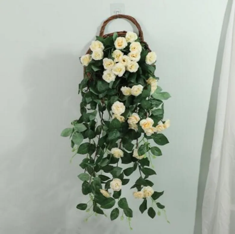 Simulation rose wall hanging fake flower rattan wedding party shooting decoration indoor living room wall hanging plastic vine rose