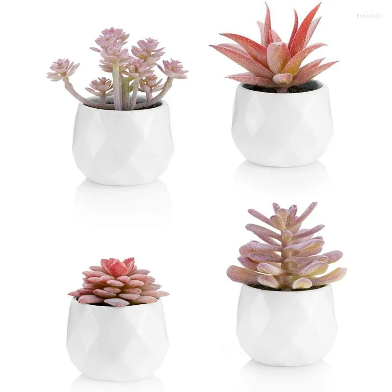 Decorative Flowers 1Pcs Faux Succulents In White Ceramic Pots For Desk Office Living Room And Home Decoration Fake Plants Included