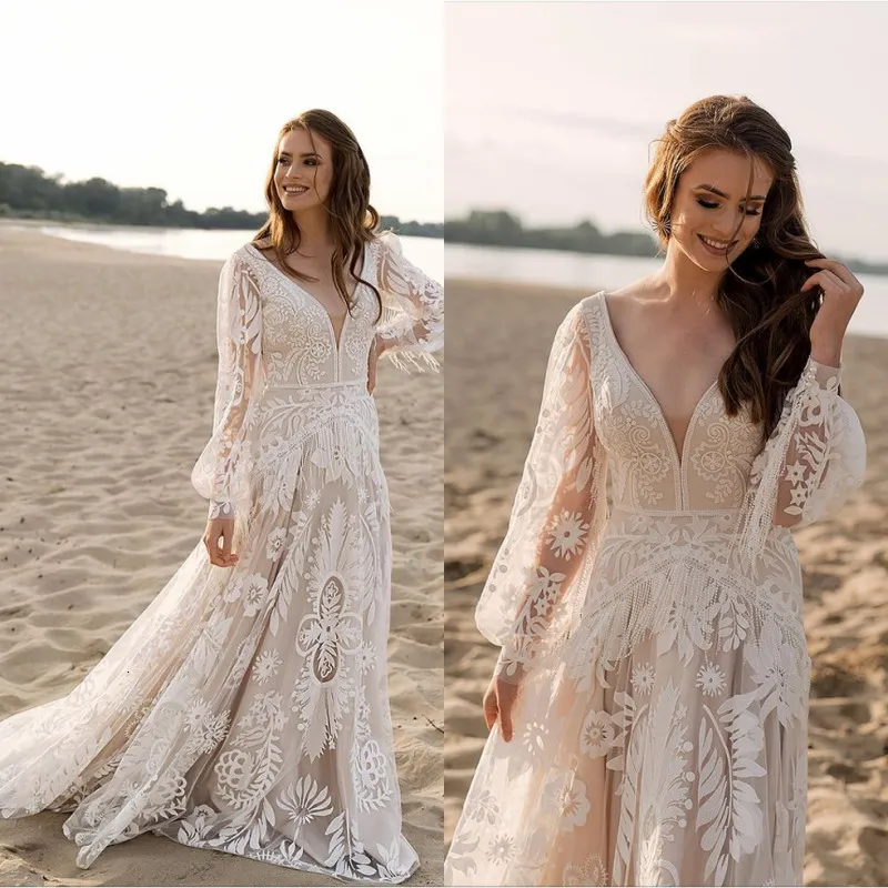 Party Dresses UMK Vintage Boho Wedding Dress Lace Puff Sleeves Tassel Sexy Open Back Unique Bohemian Beach Bridal Gowns 230221