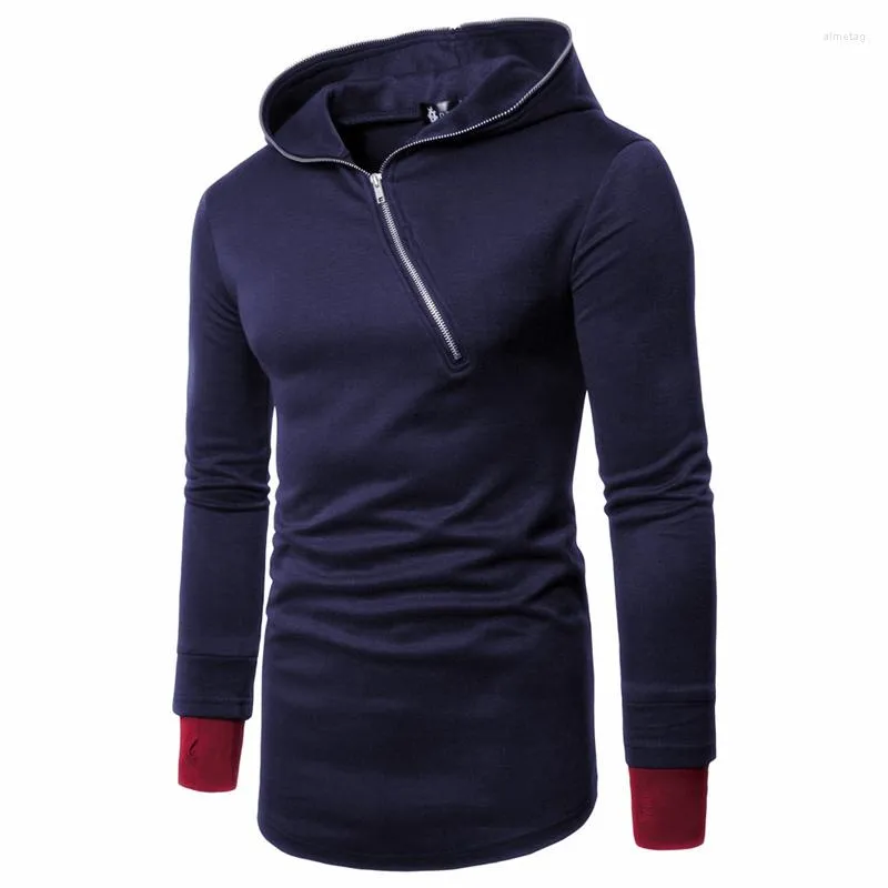 Hoodies masculinos moda moda elegante masculino com capuz comprido com zíper diagonal luvas de retalhos de retalhos