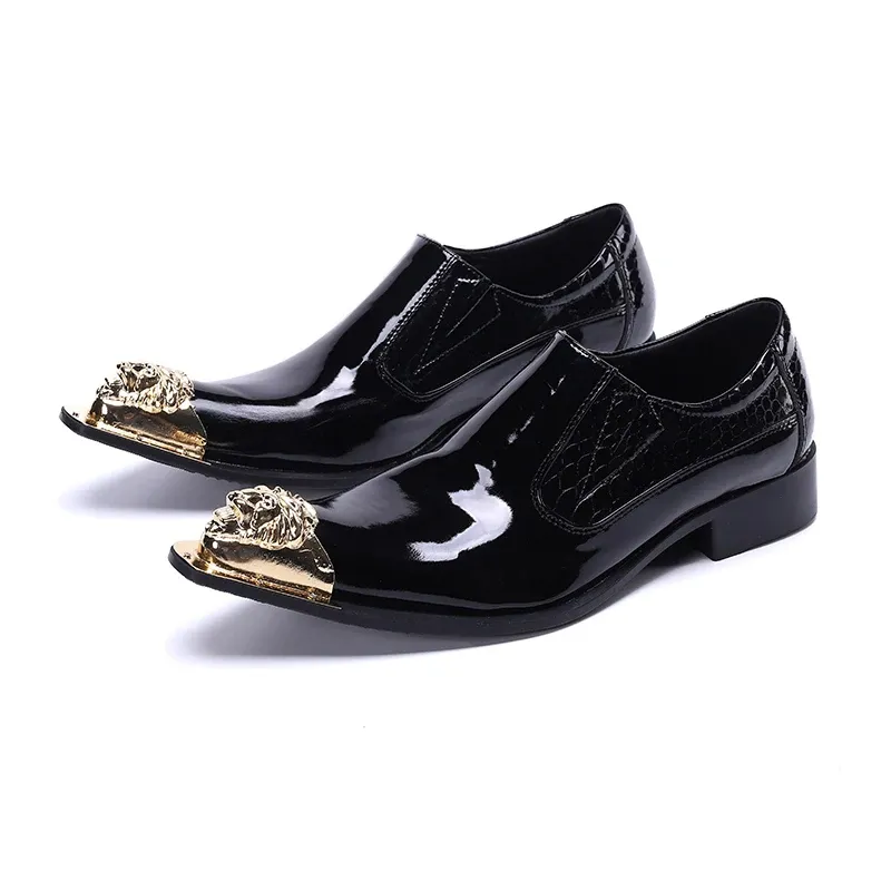 Black Patent Leather Dress Shoes For Men Italian Type Men's Shoes Golden Iron Toe Party and Wedding/Business, EU38-46