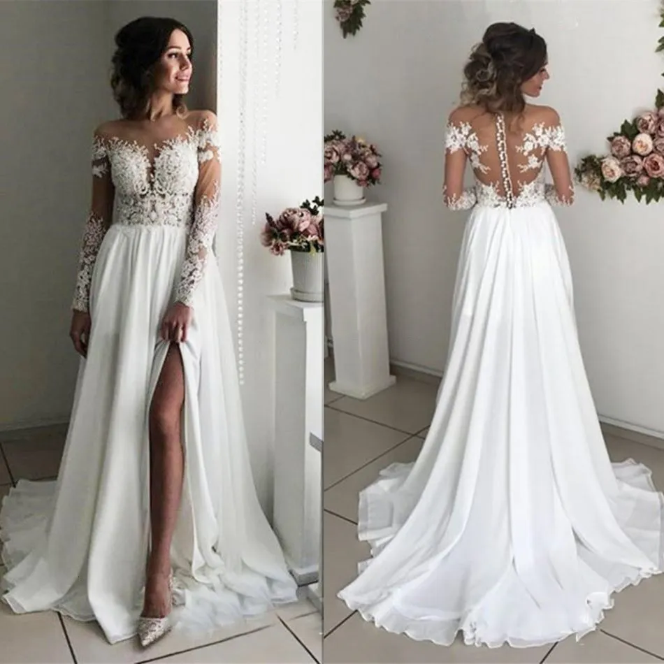 Vestidos de fiesta Vestido de novia con abertura de encaje Mangas largas Aline Split Chiffon Dubai Árabe Simple Boho Vestido De Noiva Bridal 230221