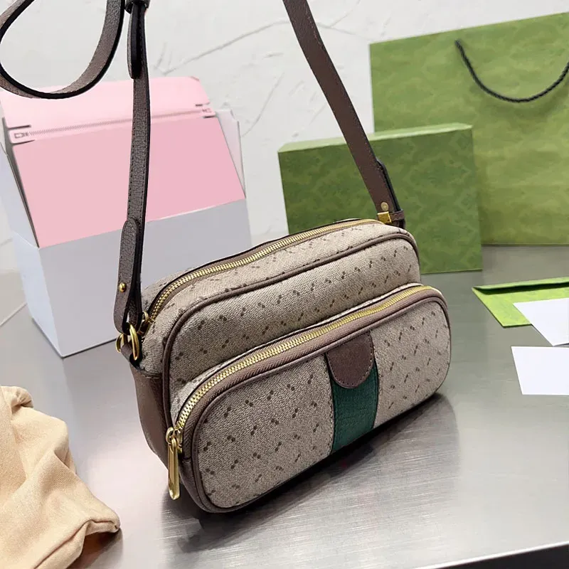 2023 Frauen Crossbody Messenger Bags Geldbeutel Luxus echtes Leder -Leinwand -Umhängetaschen Designer Handtasche Brieftasche Rotgrüne Band Reißverschluss Hardware Verstellbarer Riemen