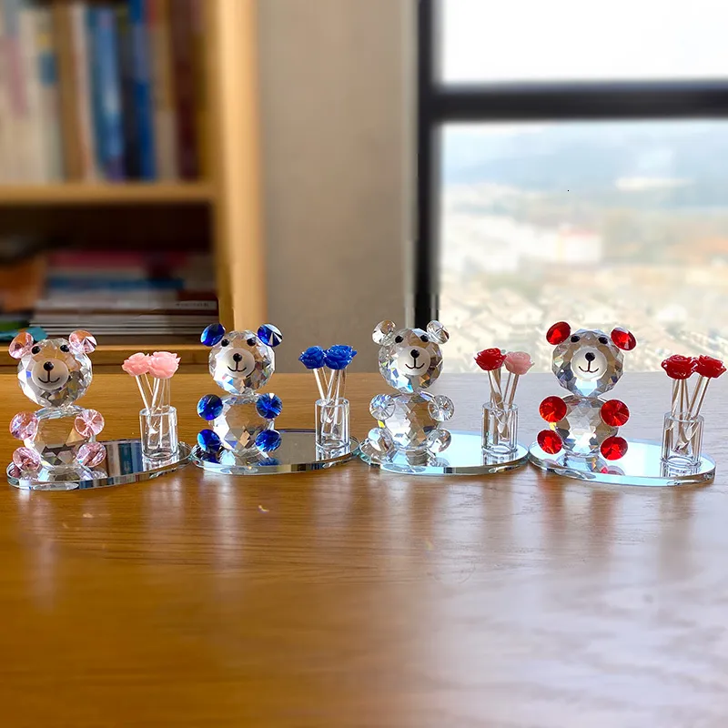 Decorative Objects Figurines Crystal Bear with Flower Crafts Paperweight Glass Animal Beautiful Ornament Handmade Small Miniature Home Table Decor 230221