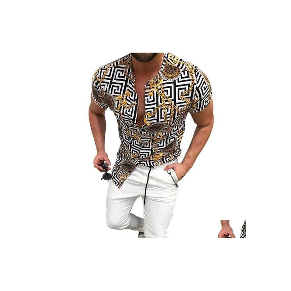 Men'S Casual Shirts Fashion Mens Vintage Chain Print Beach Hawaiian Shirt Tropical Summer Short Sleeve Standup Collar Single Breaste Dh0U7