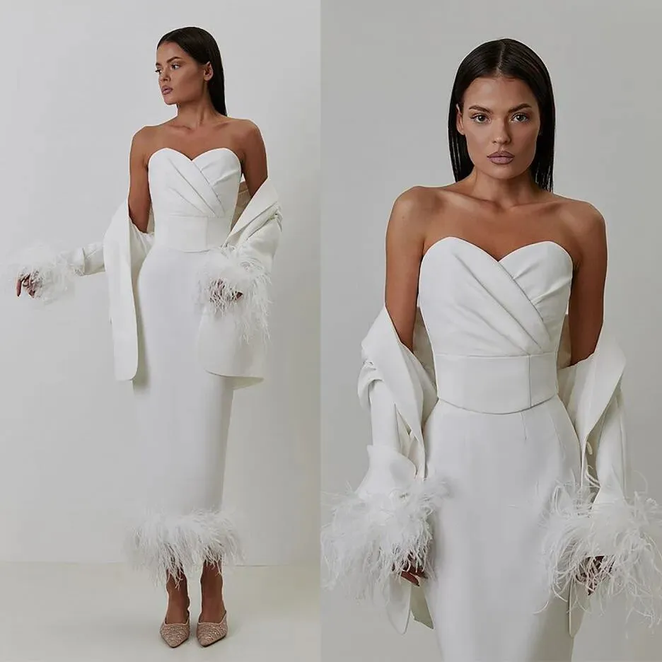 Vintage plumes gaine robes de mariée avec veste longueur cheville 2 pièces ivoire satin robes de mariée formelles plis chérie cou simple robe de réception élégante