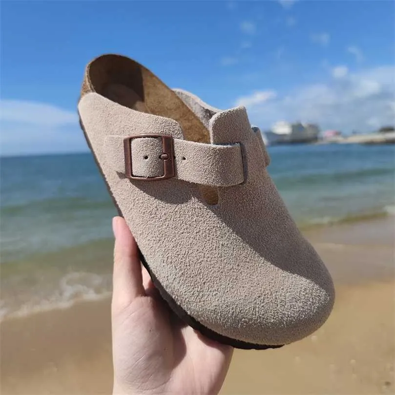 Designer Birkinstock Slippers Outlet Echt lederen kale kurk slippers voor vrouwen in de zomer Boken platte bodems en modieuze Semi-oplegger Sandalen