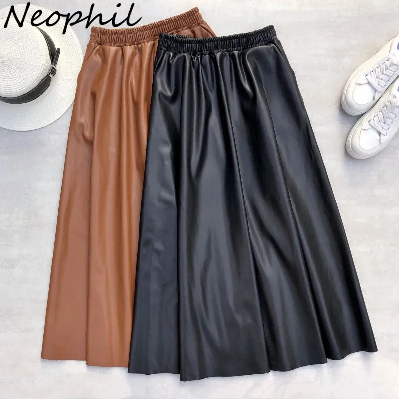 Casual Dresses Neophil 80 cm Women Leather Long kjolar Fickor Vinter Elastiska midja A-line FLARE kjol Brand Tjock LaTex Falda Larga S21864 230222