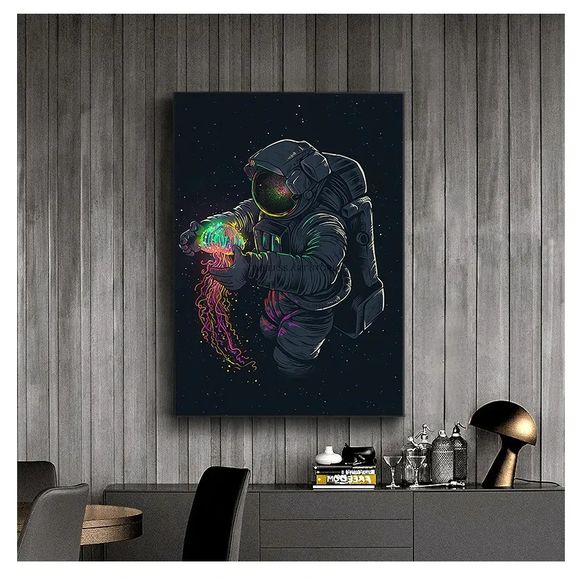 In Space Canvas Painting Poster e stampe Modern Wall Art Pictures Cuadros for Living Room Fun Art Astronauta che gioca a Medusa Woo