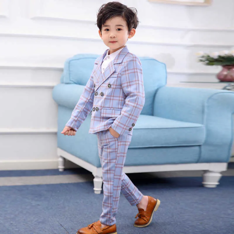 Set di abbigliamento Set di abiti scozzesi per bambini formali Set di abiti per ragazzi di fiori Festa di nozze Host Come Kids Pantaloni blazer a 2 petti Set di vestiti 2 pezzi