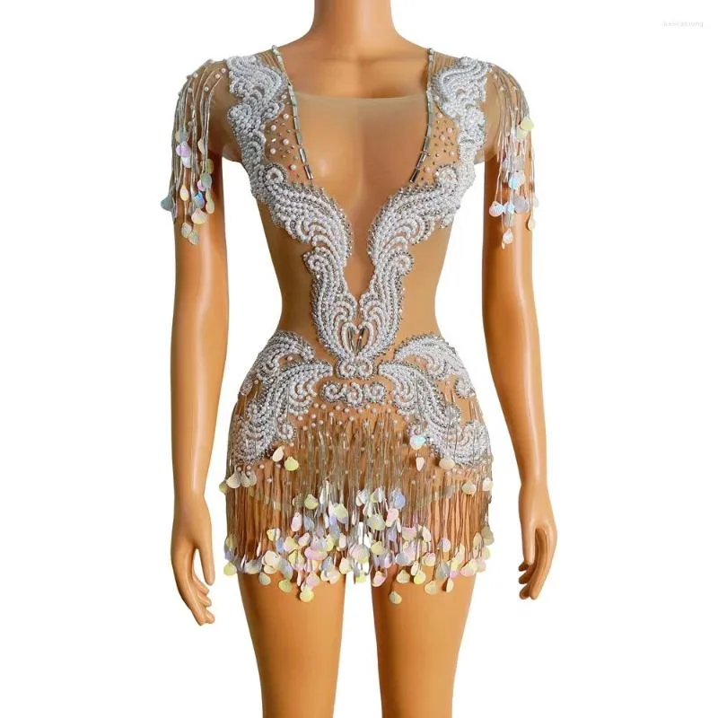 Stage Wear Rhinestones Peals Sequins Short Dress Sexy Mesh Transparent Dance Women Party Birthday Nightclub Outfit