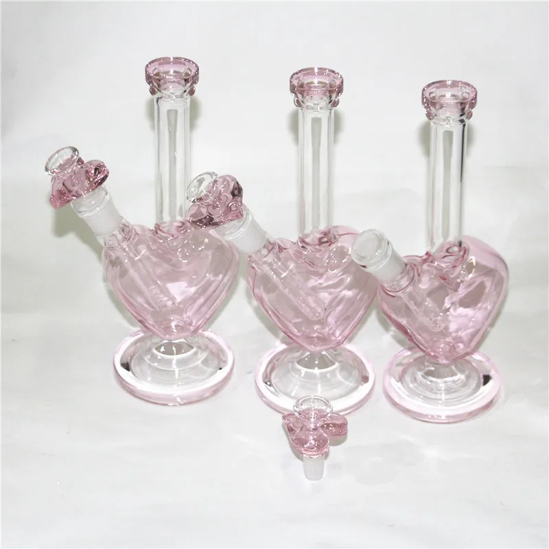 Bang en verre rose de 9 pouces avec bol en verre en forme de coeur Hookah Shisha Beaker Dab Rig Water Pipe Filter Bubbler W ICE ash Catcher oil burn rig