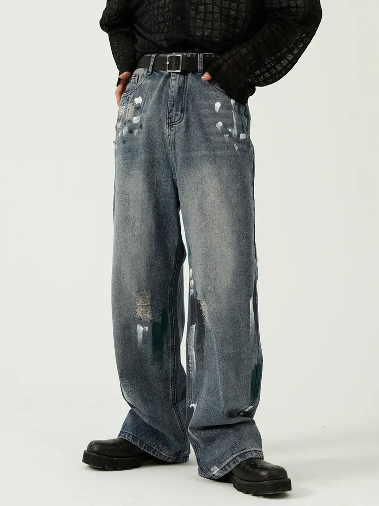 Mäns jeans houzhou överdimensionerade oroliga byxor rippade för y2k blå denim byxor manlig punk japansk streetwear hiphop 230222