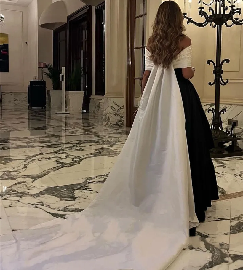 Ivory en zwarte taffeta Saoedi -Arabië Prom kleedt van de schoudermouwen lange staart een lijn damesavond formele jurken Vestidos de fieast 2023