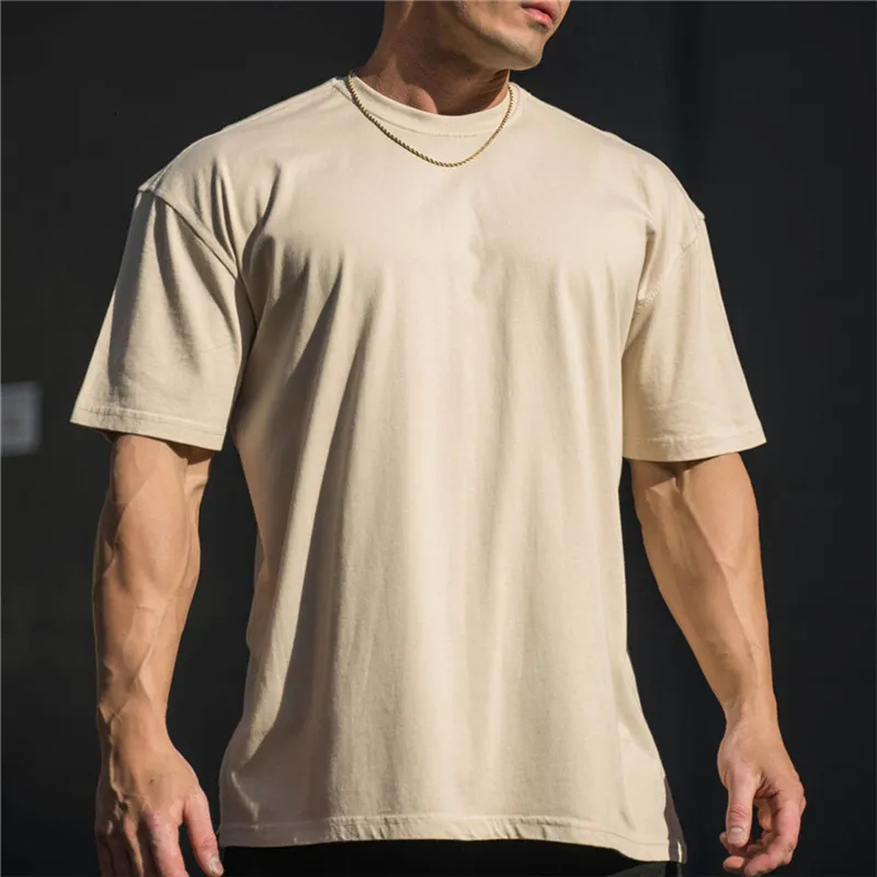 男性S Tシャツ男性ジムトレーニングフィットネスコットンショートスリーブTシャツヒップホップ夏の特大のボディービルトップスポーツTEES230222