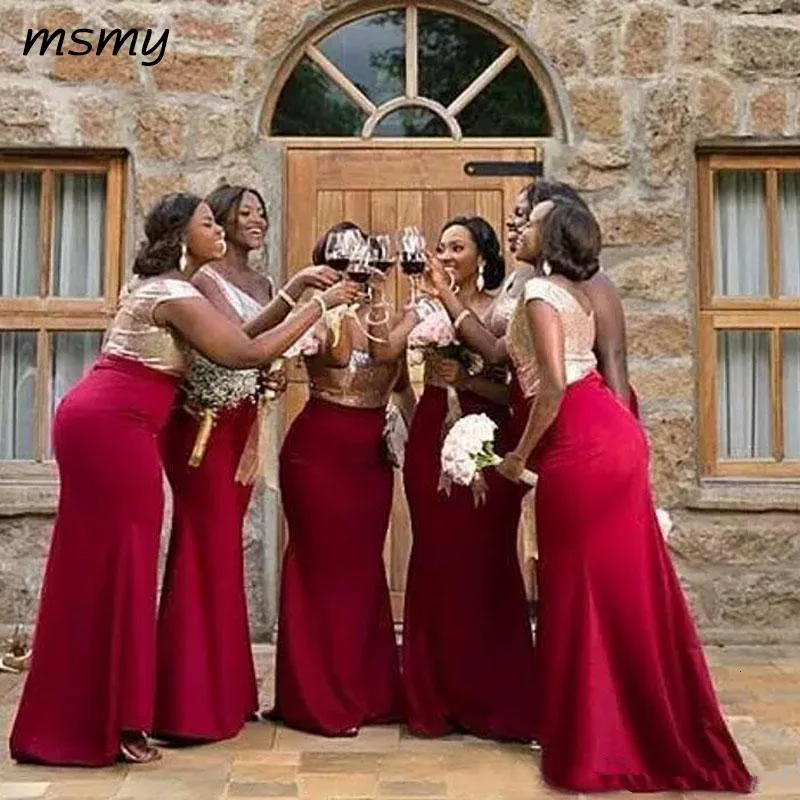 Party Dresses African Mermaid Bridesmaid Rose Gold Sequined Top Red Chiffon Long Maid Of Honor Wedding Guest Dress Custom Made 230221