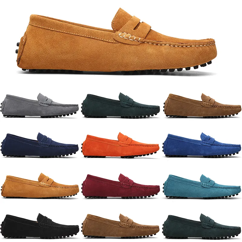 Men Casual Shoes Black Light Blue Red Gray Orange Green Brown Mens Slip on Lazy Suede Leather Shoe Big Size 38-47 Navy