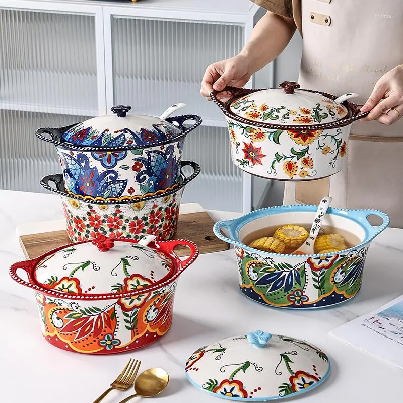 Bowls Binaural Big Soup Bowl With Cover Spoon Household High Sense Ceramic Large Pot