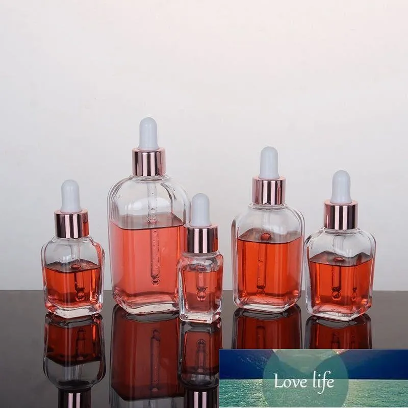 Bouteilles de parfum d'huile essentielle en verre transparent de 10 ml à 100 ml flacon compte-gouttes carré avec bouchon en or rose