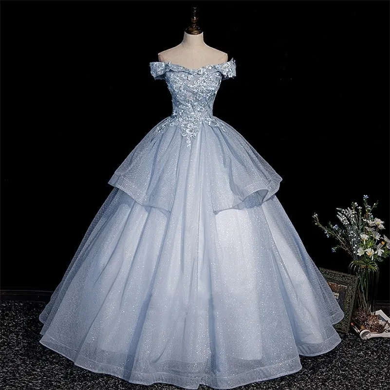 Feestjurken lichtblauw glanzende quinceanera van de schouder kanten bloemen tule ball jurk vloerlengte elegant vestido de baile 230221