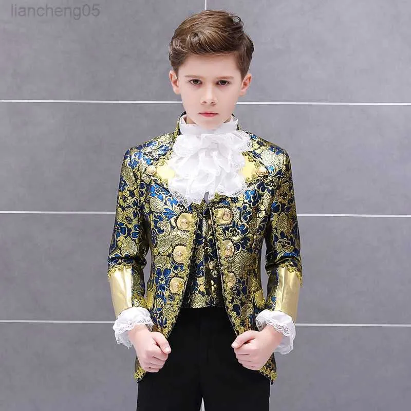 Ensembles de vêtements Garçons Rétro Cour Européenne Vêtements Ensemble Enfant Prince Charmant Drame Spectacle Robe Costume Enfants Blazer Gilet Pantalon Col Fleur Tenue W0222