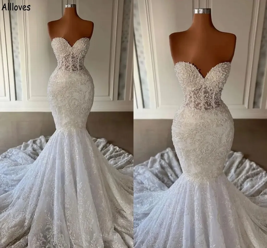 Vintage Sequins Lace Trumpet Mermaid Wedding Dresses For Women Sexy Sweetheart Plus Size Formal Bridal Gowns Court Train Slim Robe de Soiree Dubai Arabic CL1897