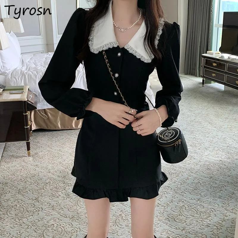 Casual Dresses Long Sleeve Dress Women Sweet Patchwork Design Peter Pan Collar Ruffles Button Elegant Sexy Mini Dresses Femme Streetwear Trendy 230222