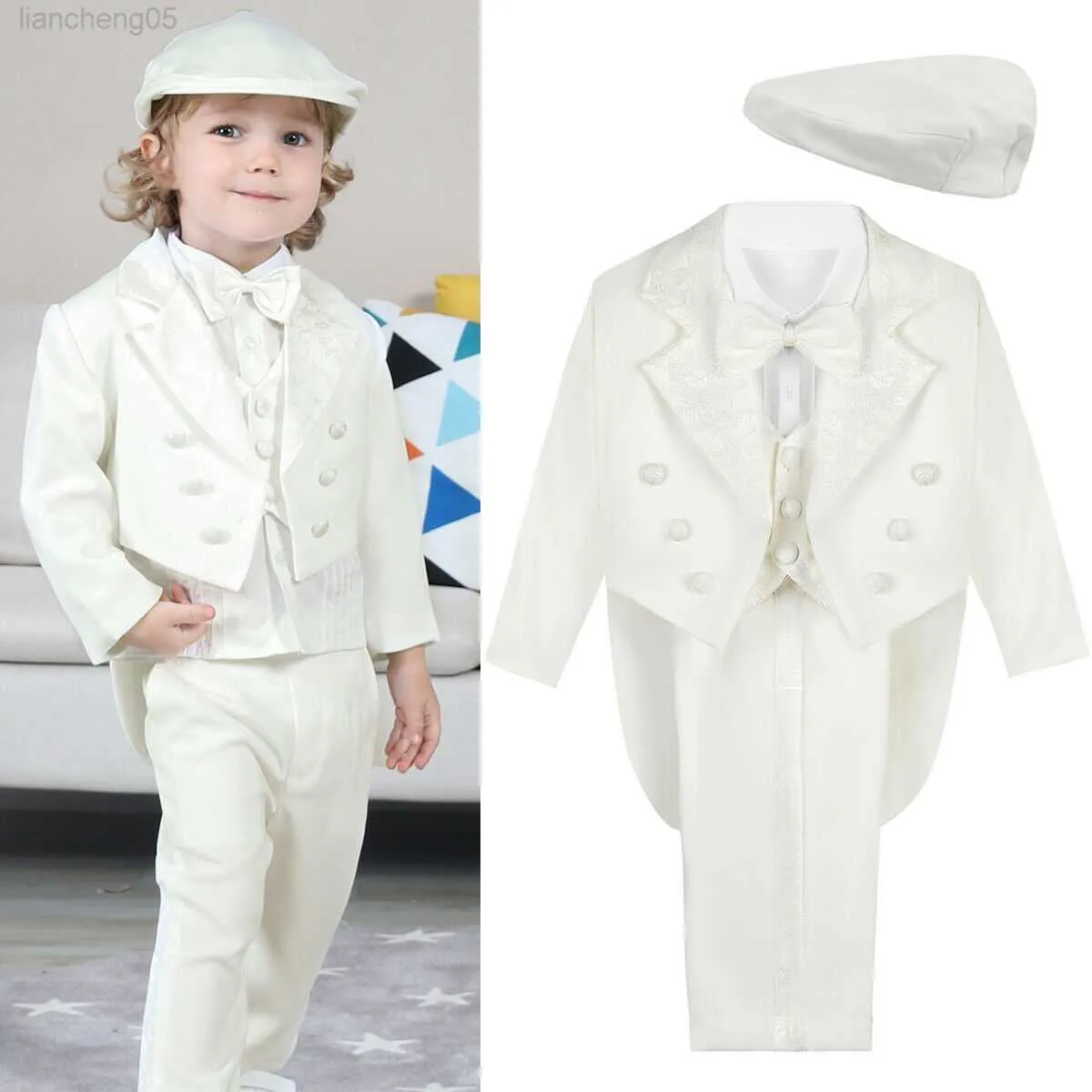 Zestawy odzieży Baby Boy Chrzest Suit Chrzest Outfits Infant Classed Tuxedo Toddler Wedding Formal Party Ubranie Białe długi rękaw 6pcs W0222