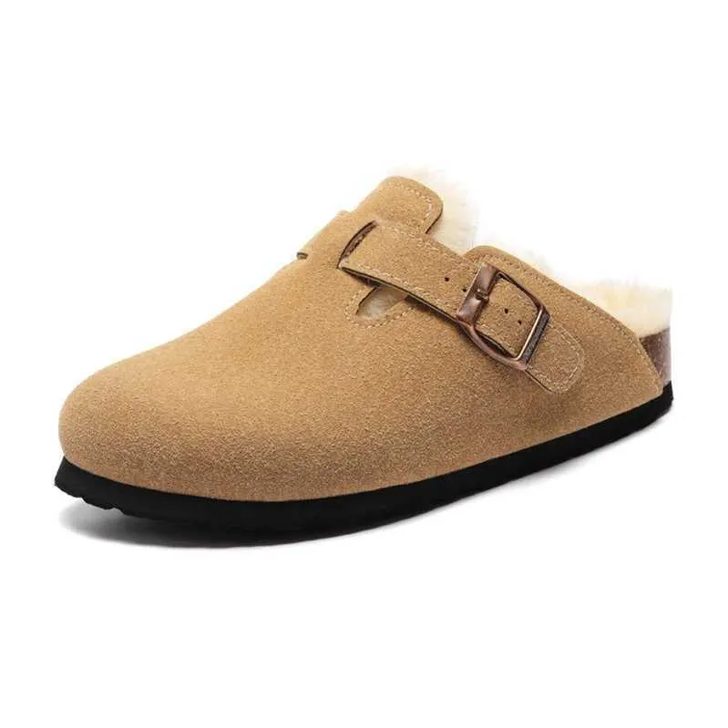 Designer Birkinstock Pantoufles Outlet Maibulun Baotou Pantoufles en liège pour homme et femme Hiver en cuir givré Boken Half Drag Chaussures Tête ronde en peluche Plus Fond plat