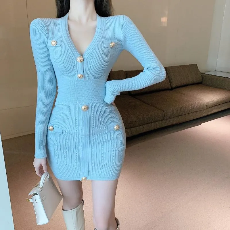 Casual Kleider Hohe Qualität 2023 Herbst Koreanische Mode Süße Gestrickte Pullover Kleid Frauen Mantel Bodycon Mini Mit Boden Robe Femme VestidosCas