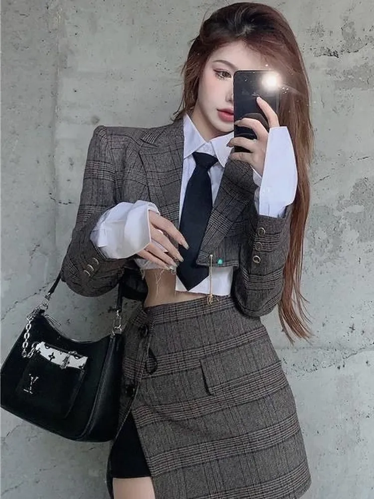 Two Piece Dress Women Blazer Jacket Skirt Set Suit 2 Pieces Crop Top Plaid Elegant Chic Clothes Office Lady Spring Autumn Female Suits 230222