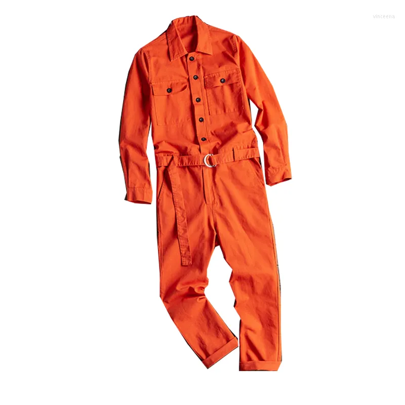 Mäns jeans lapel långärmad orange röd mäns romper hip hop casual baggy multi-bag lastbyxor bekväma