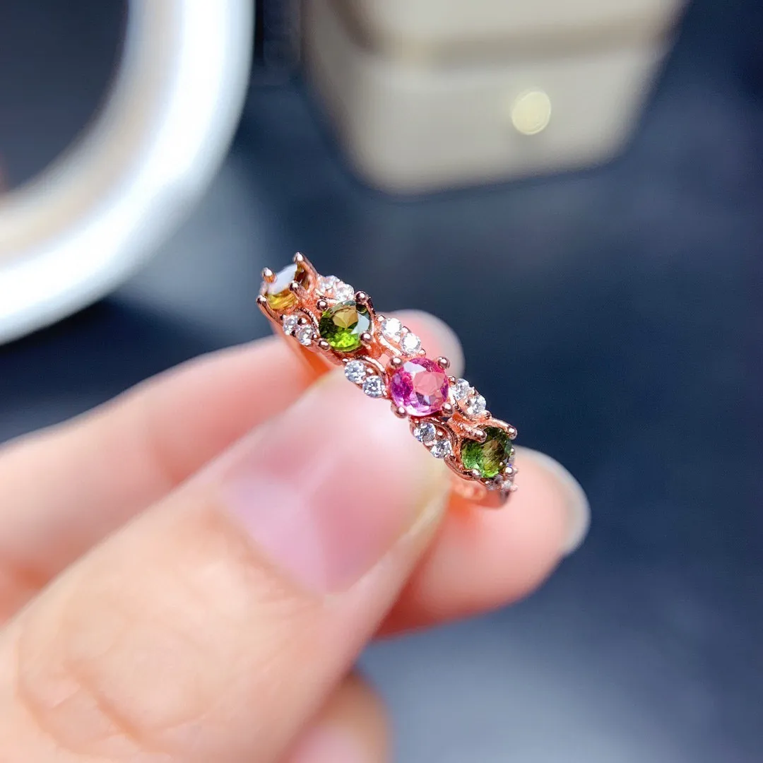 Kvinnor Wedding Ring Student Girls Sweet Imitation Colorful Tourmaline Gem Artificial Crystal 18K Rose Gold Plated Ring Party Jewelry Birthday Present justerbar