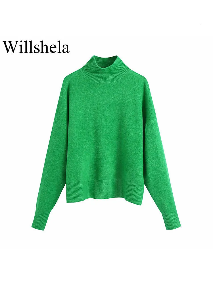 Chandails pour femmes Willshela Femmes Mode Solide Tricot Pull Top Manches Longues Col Haut Vintage Femme Pull Chic Tops Mujer 230222