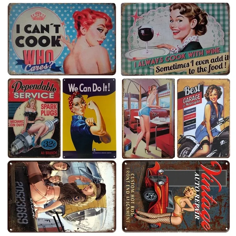 Vintage Metal Tin Sign Sexy Girl Car Posters Beauty Girl Service Tin Signs Sticker for Bar Pub Decoration Metal Plate Poster Girl Metal Painting Decor Size 30X20cm w01