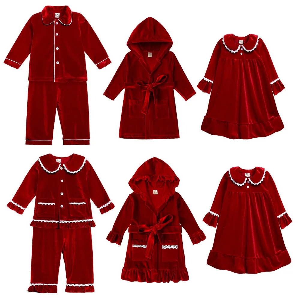 Pajamas Christmas Children Bathrobe Girl Baby Long Sleeve Solid Dress Kid Boy Ruffle Homewear Pajamas Suit Toddler Pyjamas Set 230222