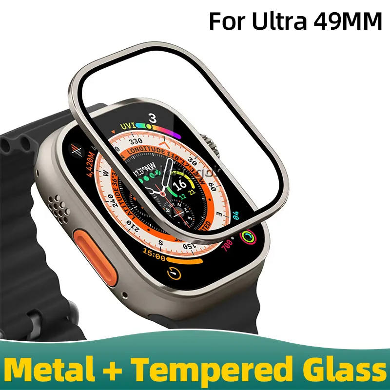 안티 스크래치 HD IWATCH Ultra Metal Bumper Peffered Glass Apple Watch Ultra 49mm 용 방지 HD 전체 필름 금속 범퍼 화면 보호기