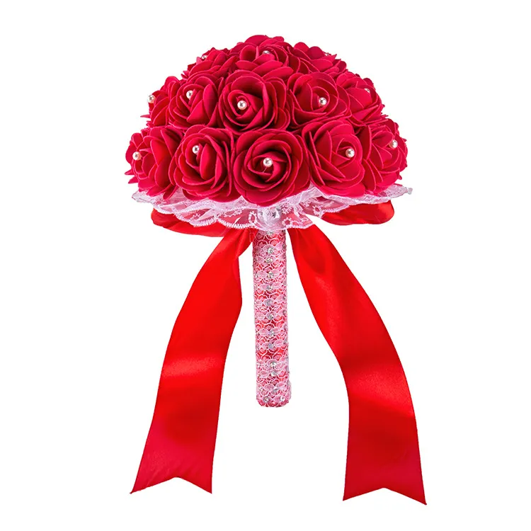 Hochzeitsblumen hellblau rot elegante Braut Hochzeit Bouquet Perlen Seidenblume Rosenkristalle Hochzeit Dekoration Brautjungfer Bouquet