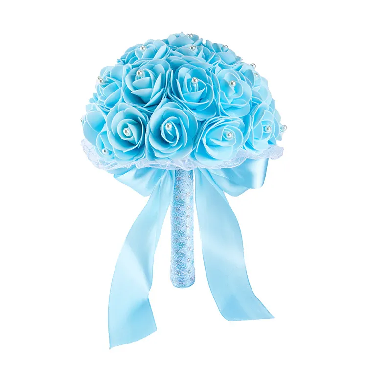 Fleurs de mariage bleu clair rouge élégant nuptial de mariage bouquet perles fleur de fleur de soie rose cristaux de mariage décoration de demoiselle d'honneur bouquet