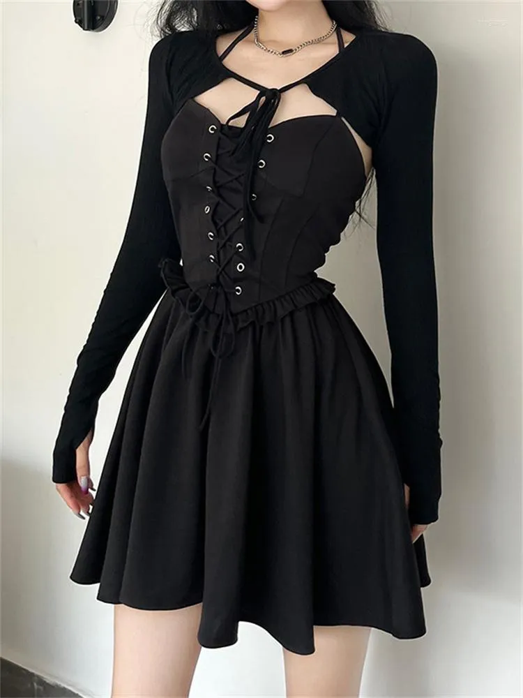 Casual Dresses Gothic Retro Style Simple Black Lace Dress Long Sleeve Waist Tie Show Thin Neck Sling Jacket 2-piece